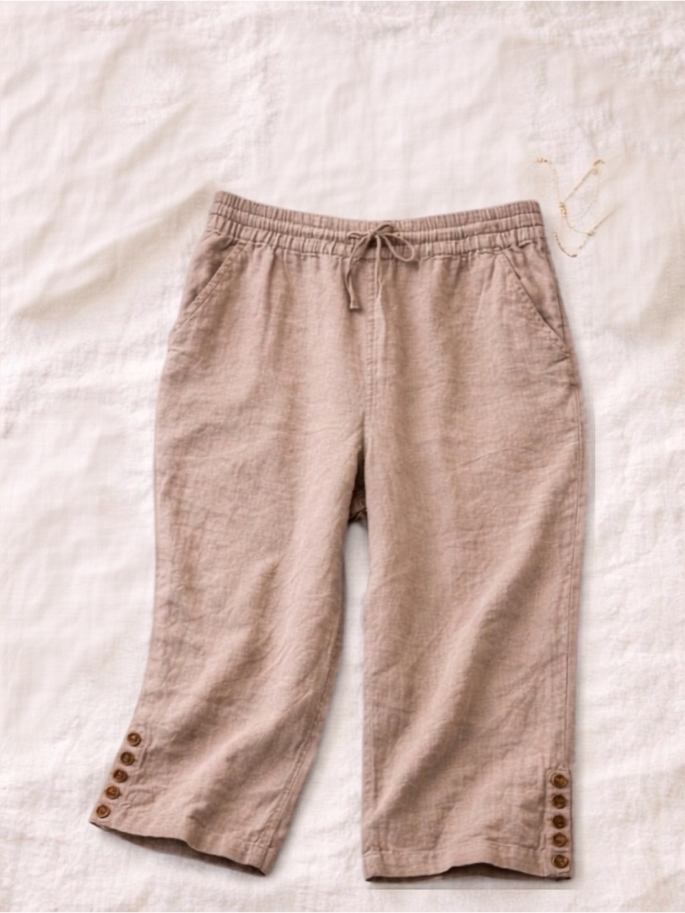 Cropped Linen Pants Womens Sz XL Tan Beige Pull On Elastic Drawstring Summer